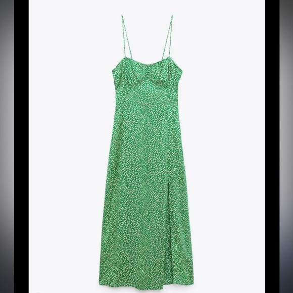 Zara Women’s Green Animal Print Long Maxi Summer Dress Sun Dress size S - Picture 2 of 4